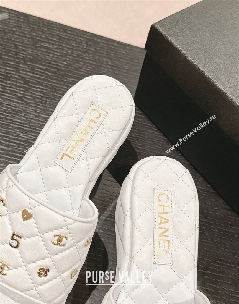 Chanel Lambskin Wedge Slides Sandal 6.5cm with Logo Charm White 2024 0701 (MD-240701112)