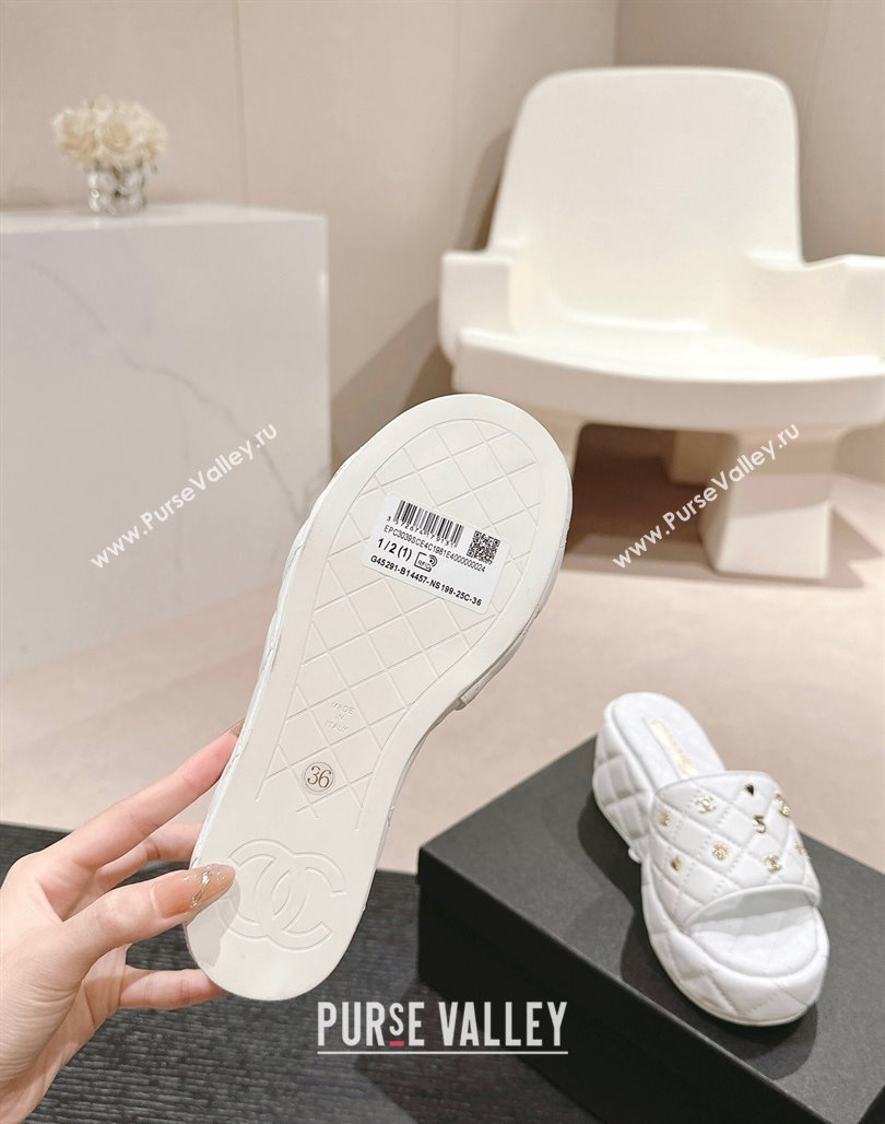 Chanel Lambskin Wedge Slides Sandal 6.5cm with Logo Charm White 2024 0701 (MD-240701112)