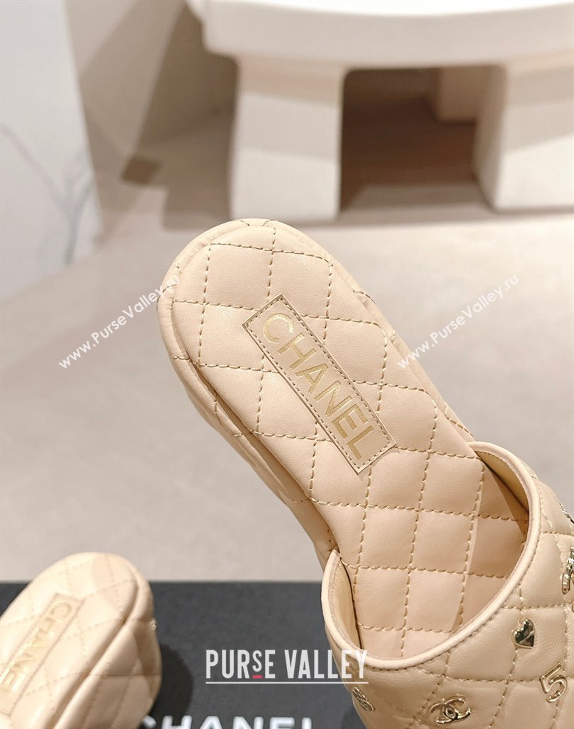 Chanel Lambskin Wedge Slides Sandal 6.5cm with Logo Charm Beige 2024 0701 (MD-240701113)