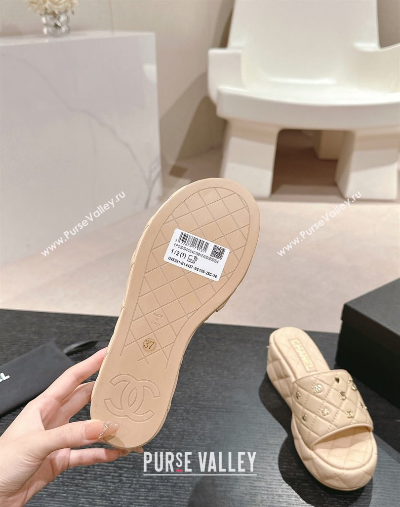 Chanel Lambskin Wedge Slides Sandal 6.5cm with Logo Charm Beige 2024 0701 (MD-240701113)