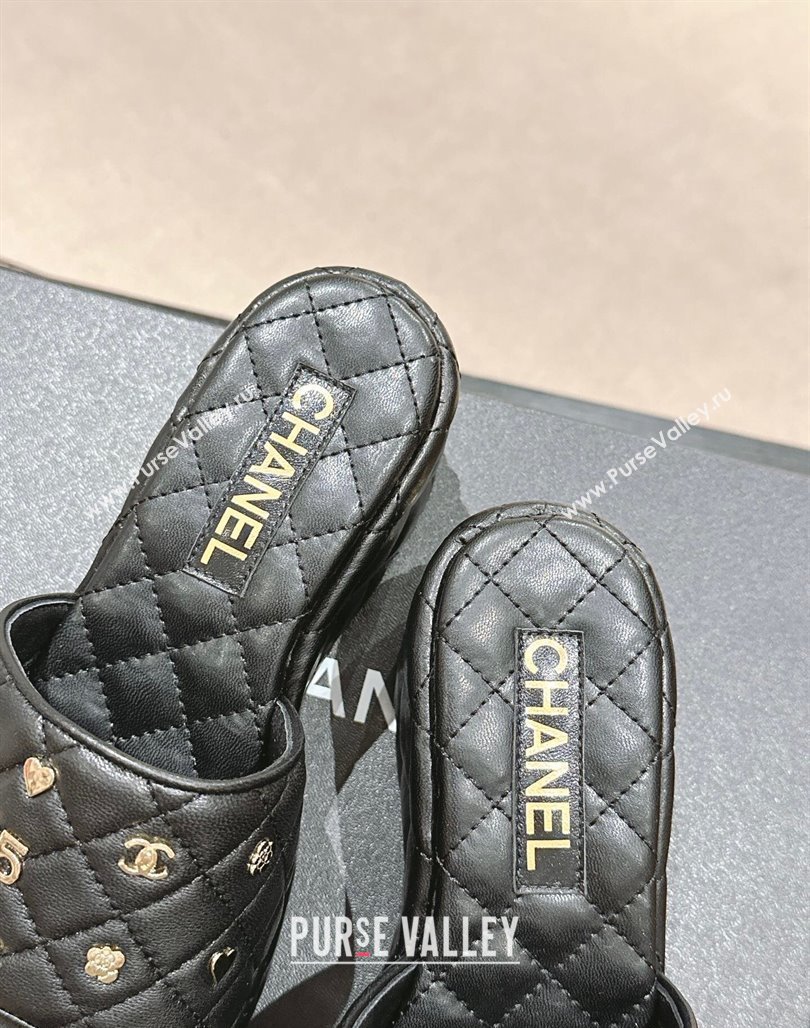 Chanel Lambskin Wedge Slides Sandal 6.5cm with Logo Charm Black 2024 0701 (MD-240701114)