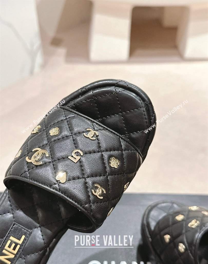 Chanel Lambskin Wedge Slides Sandal 6.5cm with Logo Charm Black 2024 0701 (MD-240701114)