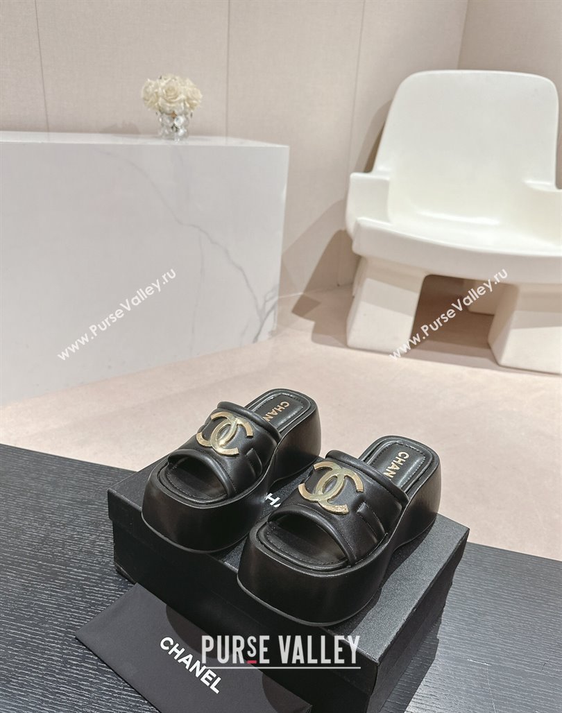 Chanel Lambskin Platform Slides Sandal 7cm with Maxi CC Black 2024 0701 (MD-240701115)