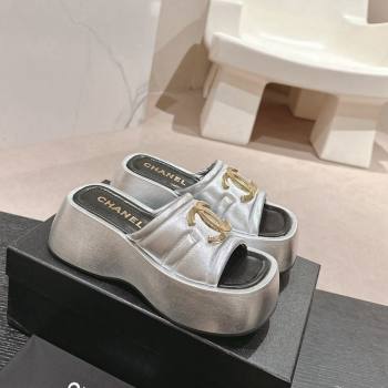 Chanel Lambskin Platform Slides Sandal 7cm with Maxi CC Silver 2024 0701 (MD-240701116)