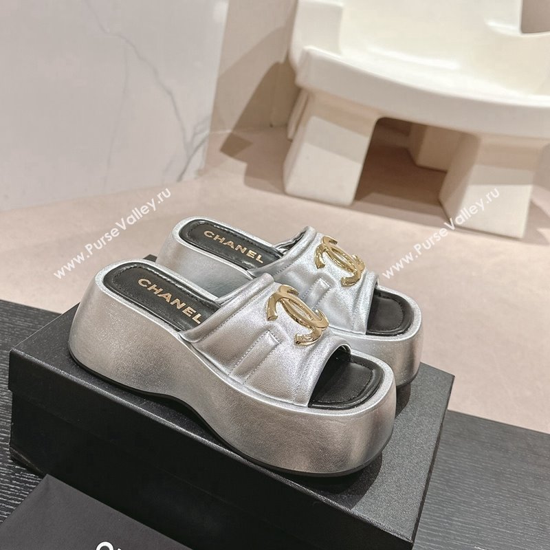 Chanel Lambskin Platform Slides Sandal 7cm with Maxi CC Silver 2024 0701 (MD-240701116)