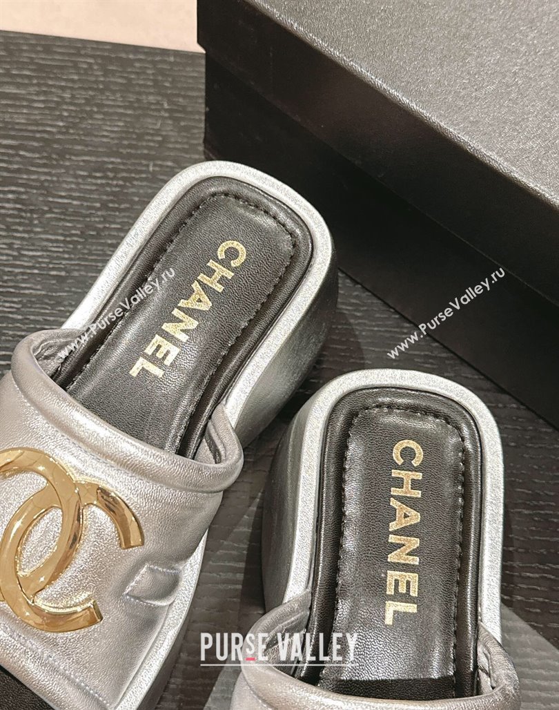 Chanel Lambskin Platform Slides Sandal 7cm with Maxi CC Silver 2024 0701 (MD-240701116)