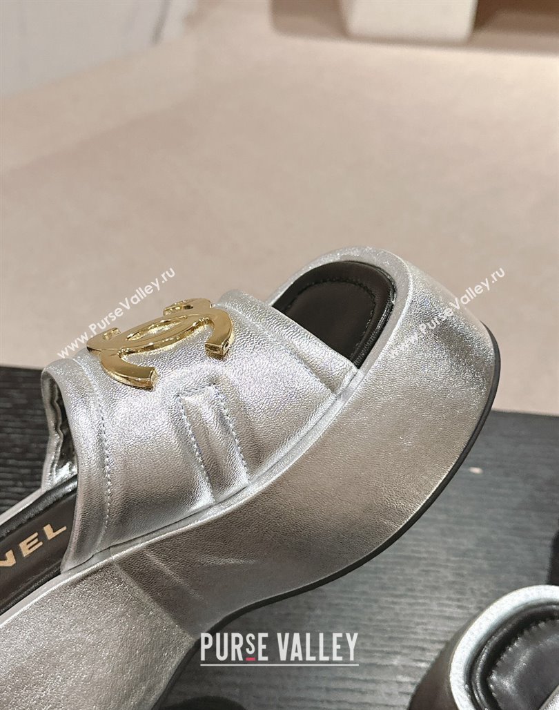 Chanel Lambskin Platform Slides Sandal 7cm with Maxi CC Silver 2024 0701 (MD-240701116)