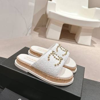 Chanel Teddy-Cloth Flat Slide Sandals with Studs CC White 2024 0603 (MD-240701118)