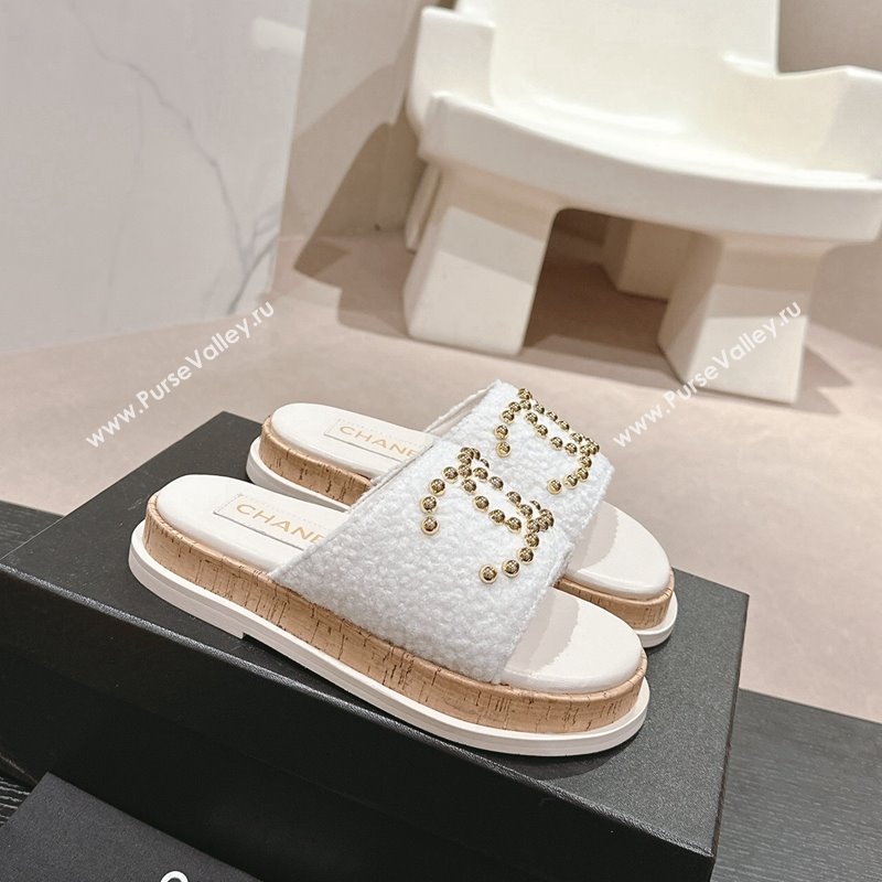 Chanel Teddy-Cloth Flat Slide Sandals with Studs CC White 2024 0603 (MD-240701118)