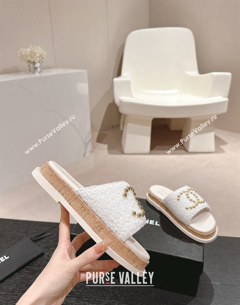 Chanel Teddy-Cloth Flat Slide Sandals with Studs CC White 2024 0603 (MD-240701118)