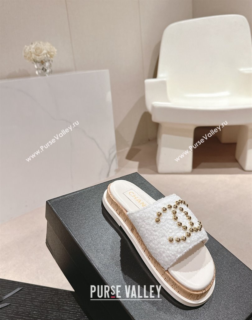 Chanel Teddy-Cloth Flat Slide Sandals with Studs CC White 2024 0603 (MD-240701118)