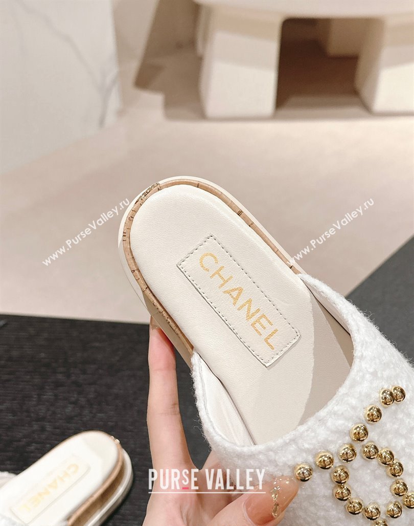 Chanel Teddy-Cloth Flat Slide Sandals with Studs CC White 2024 0603 (MD-240701118)