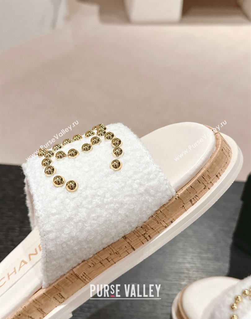 Chanel Teddy-Cloth Flat Slide Sandals with Studs CC White 2024 0603 (MD-240701118)