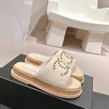 Chanel Teddy-Cloth Flat Slide Sandals with Studs CC Beige 2024 0603 (MD-240701119)