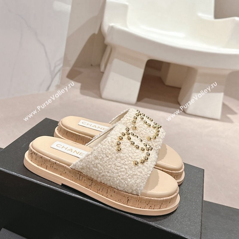 Chanel Teddy-Cloth Flat Slide Sandals with Studs CC Beige 2024 0603 (MD-240701119)