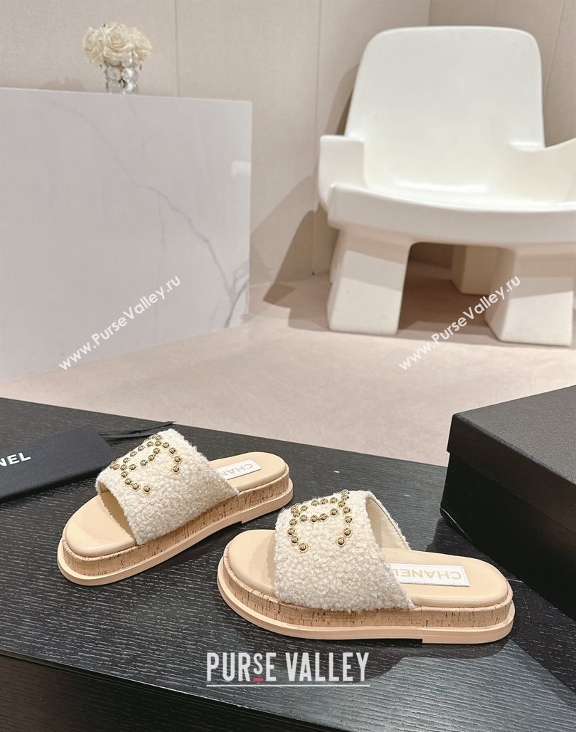 Chanel Teddy-Cloth Flat Slide Sandals with Studs CC Beige 2024 0603 (MD-240701119)