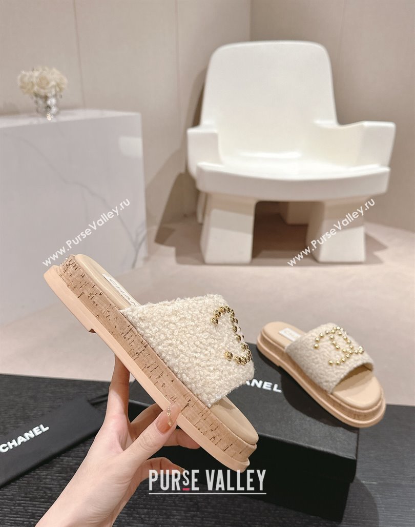 Chanel Teddy-Cloth Flat Slide Sandals with Studs CC Beige 2024 0603 (MD-240701119)