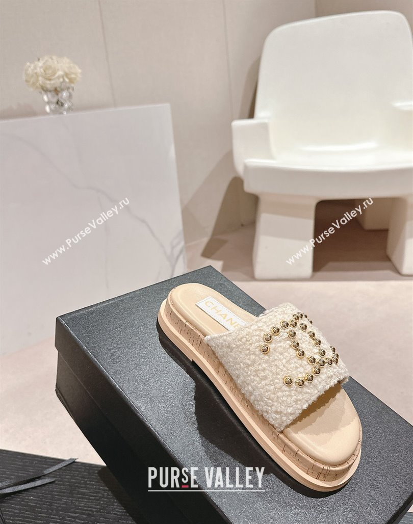 Chanel Teddy-Cloth Flat Slide Sandals with Studs CC Beige 2024 0603 (MD-240701119)