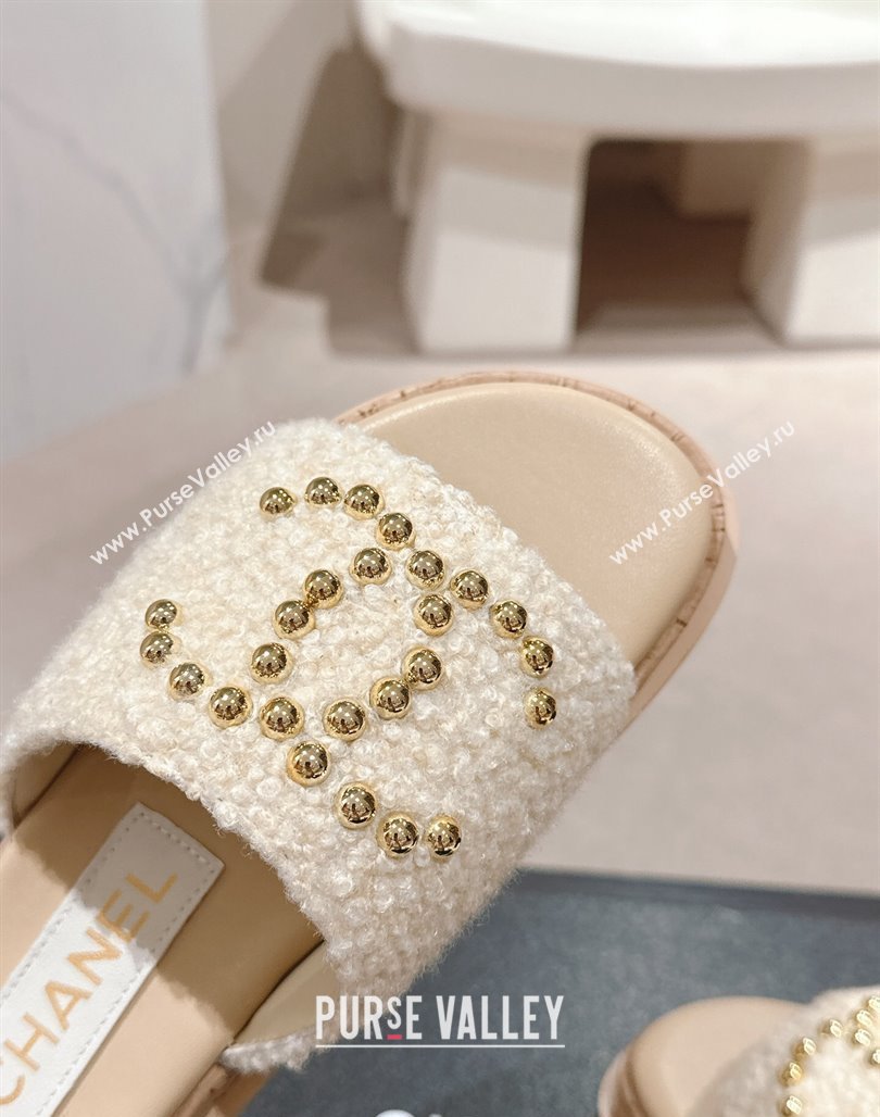 Chanel Teddy-Cloth Flat Slide Sandals with Studs CC Beige 2024 0603 (MD-240701119)