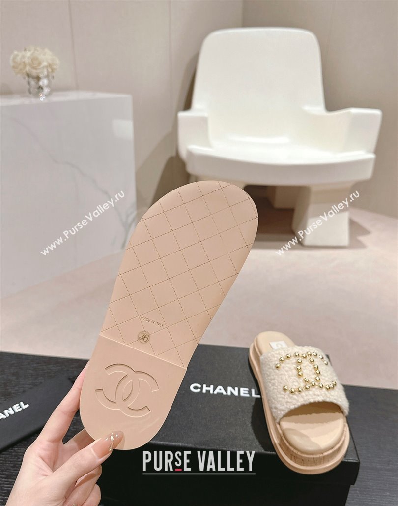 Chanel Teddy-Cloth Flat Slide Sandals with Studs CC Beige 2024 0603 (MD-240701119)