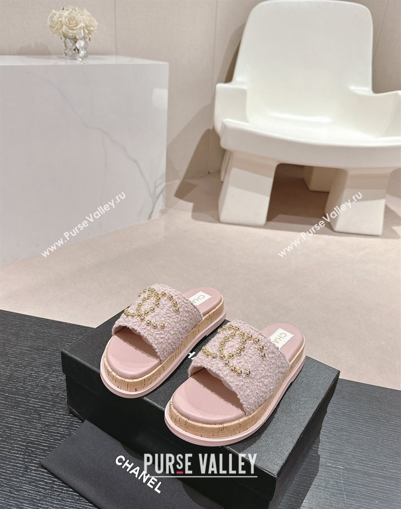 Chanel Teddy-Cloth Flat Slide Sandals with Studs CC Light Purple 2024 0603 (MD-240701120)