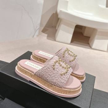 Chanel Teddy-Cloth Flat Slide Sandals with Studs CC Light Purple 2024 0603 (MD-240701120)