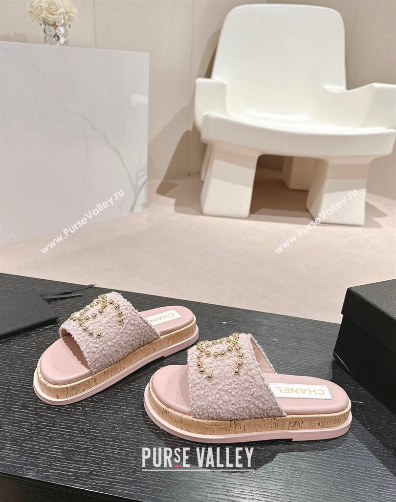 Chanel Teddy-Cloth Flat Slide Sandals with Studs CC Light Purple 2024 0603 (MD-240701120)