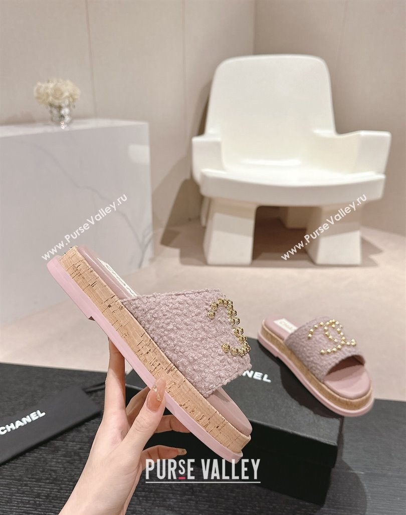 Chanel Teddy-Cloth Flat Slide Sandals with Studs CC Light Purple 2024 0603 (MD-240701120)