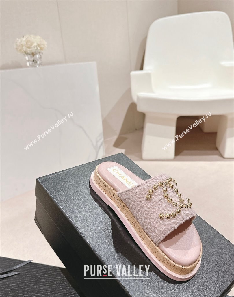 Chanel Teddy-Cloth Flat Slide Sandals with Studs CC Light Purple 2024 0603 (MD-240701120)