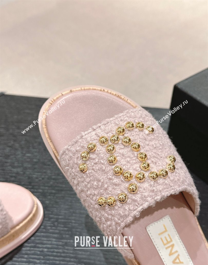 Chanel Teddy-Cloth Flat Slide Sandals with Studs CC Light Purple 2024 0603 (MD-240701120)