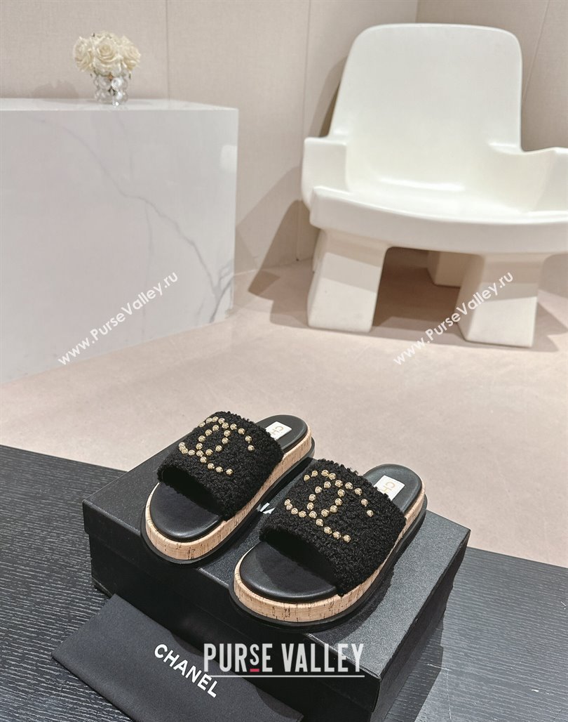 Chanel Teddy-Cloth Flat Slide Sandals with Studs CC Black 2024 0603 (MD-240701121)