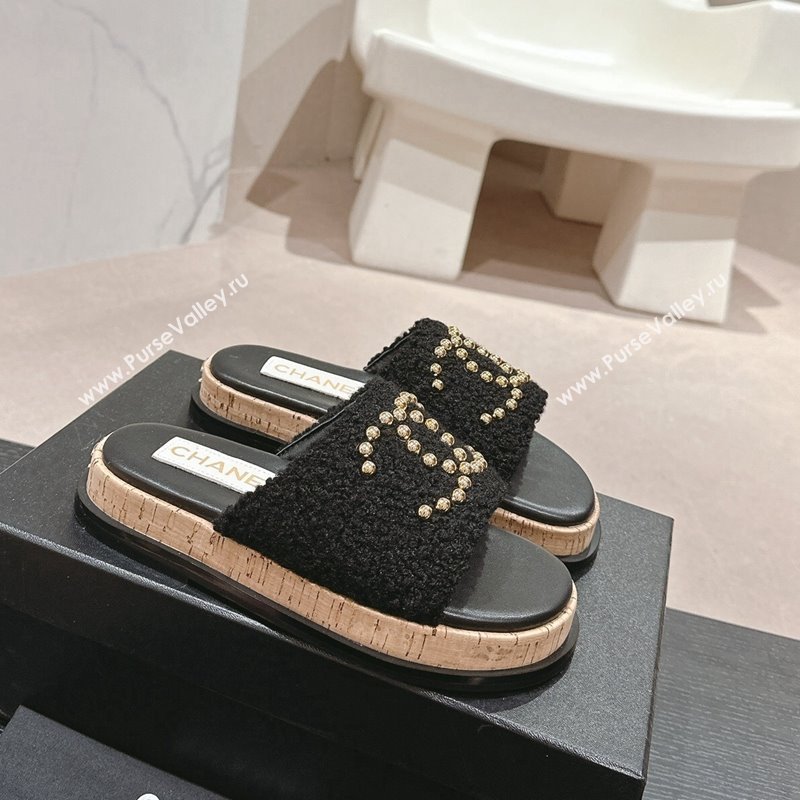 Chanel Teddy-Cloth Flat Slide Sandals with Studs CC Black 2024 0603 (MD-240701121)