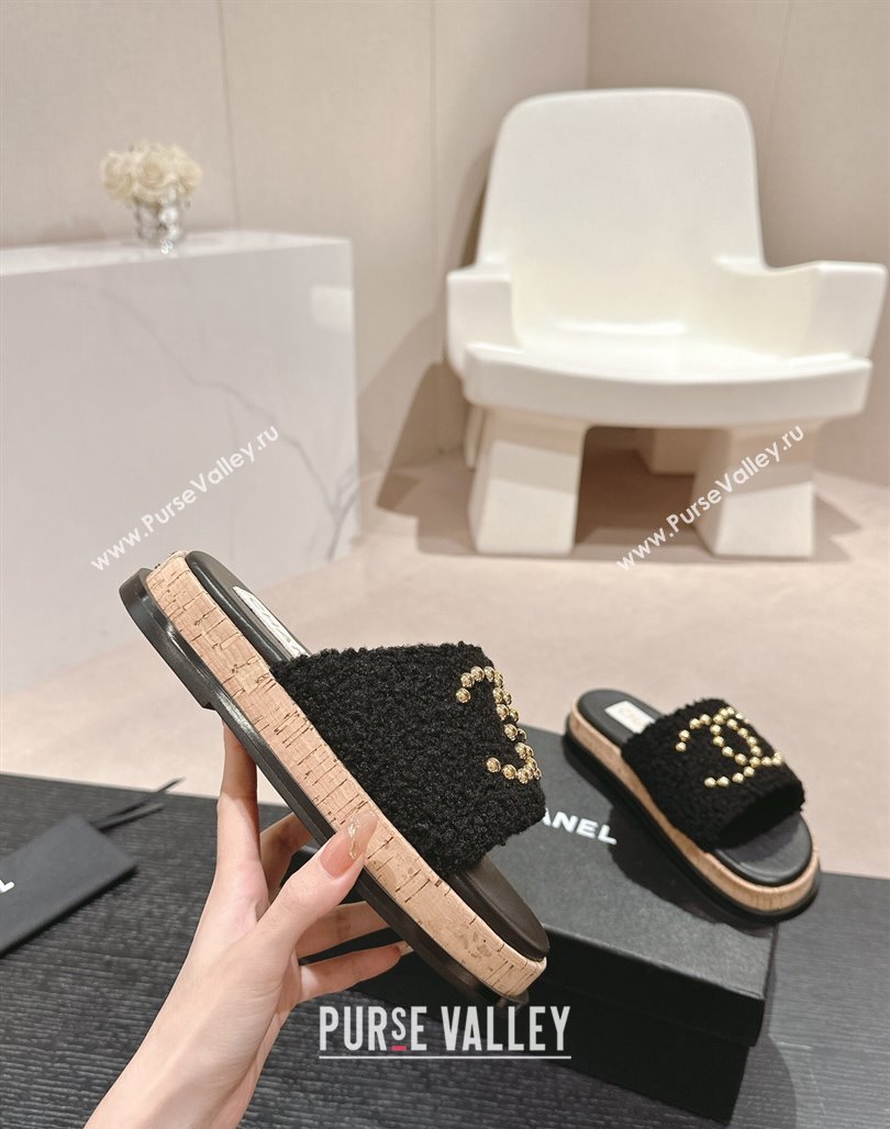 Chanel Teddy-Cloth Flat Slide Sandals with Studs CC Black 2024 0603 (MD-240701121)