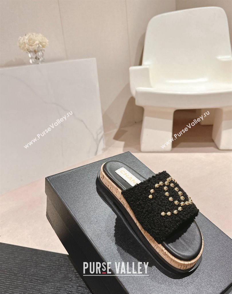 Chanel Teddy-Cloth Flat Slide Sandals with Studs CC Black 2024 0603 (MD-240701121)