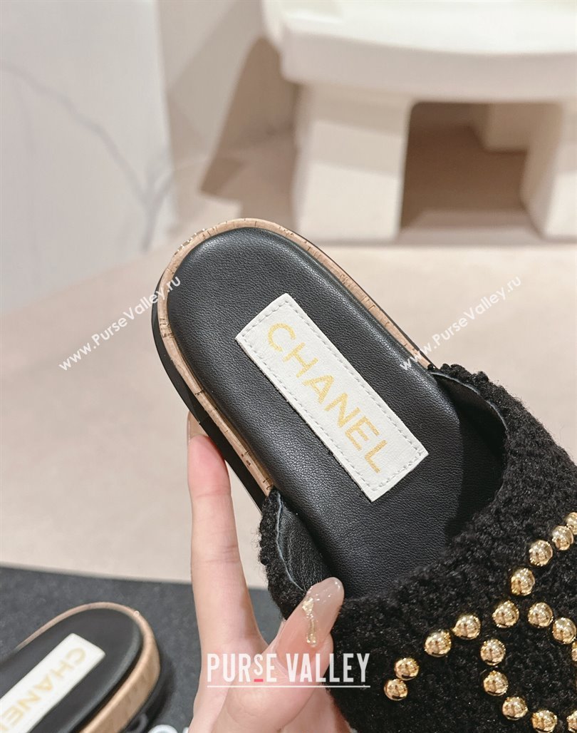 Chanel Teddy-Cloth Flat Slide Sandals with Studs CC Black 2024 0603 (MD-240701121)