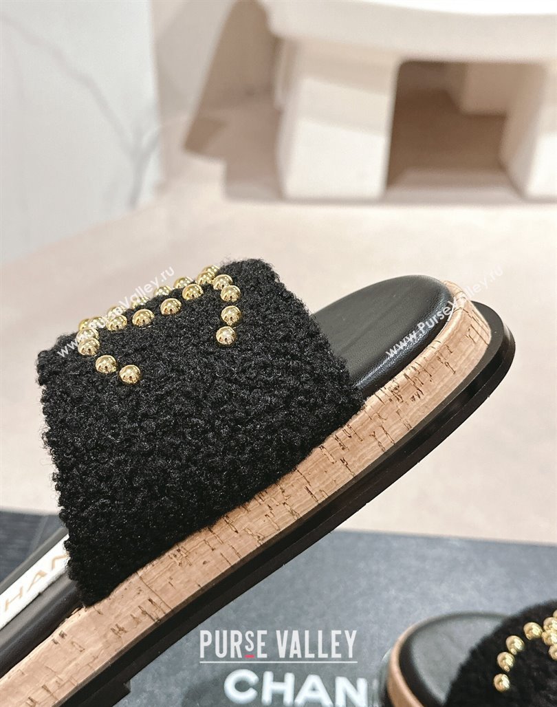 Chanel Teddy-Cloth Flat Slide Sandals with Studs CC Black 2024 0603 (MD-240701121)