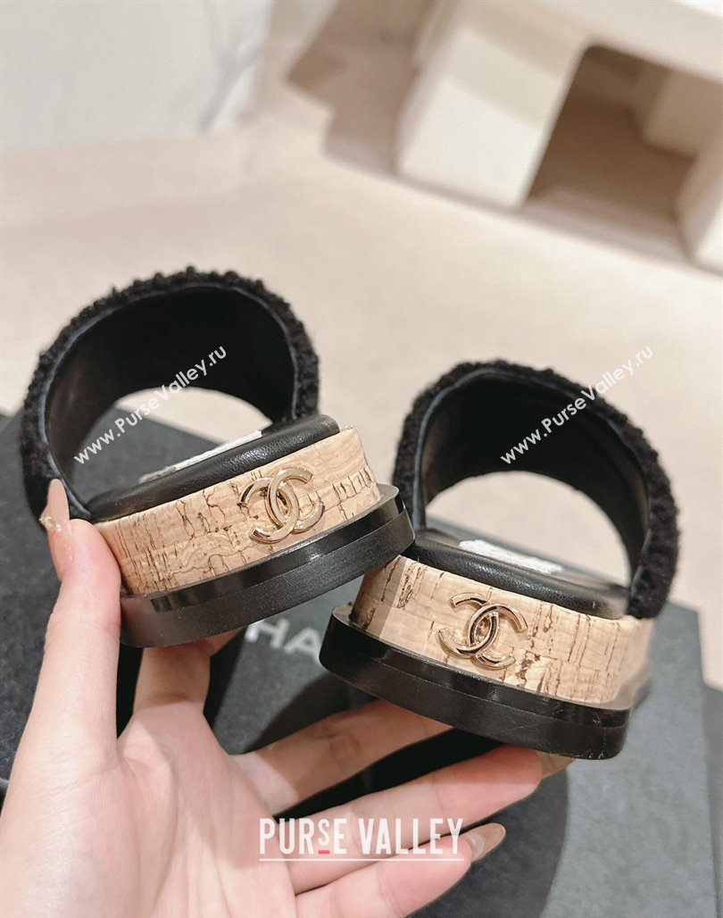 Chanel Teddy-Cloth Flat Slide Sandals with Studs CC Black 2024 0603 (MD-240701121)