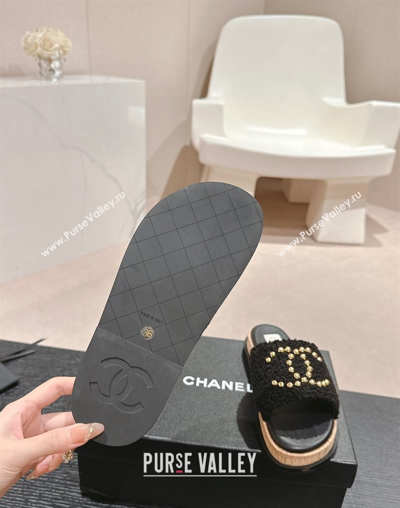 Chanel Teddy-Cloth Flat Slide Sandals with Studs CC Black 2024 0603 (MD-240701121)