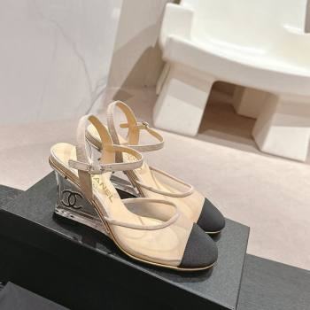 Chanel Mesh Wedge Pumps with Clear Heel Beige 2024 0701 (MD-240701123)