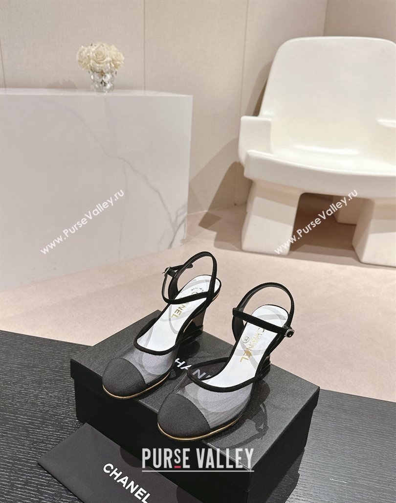 Chanel Mesh Wedge Pumps with Clear Heel Black 2024 0701 (MD-240701125)