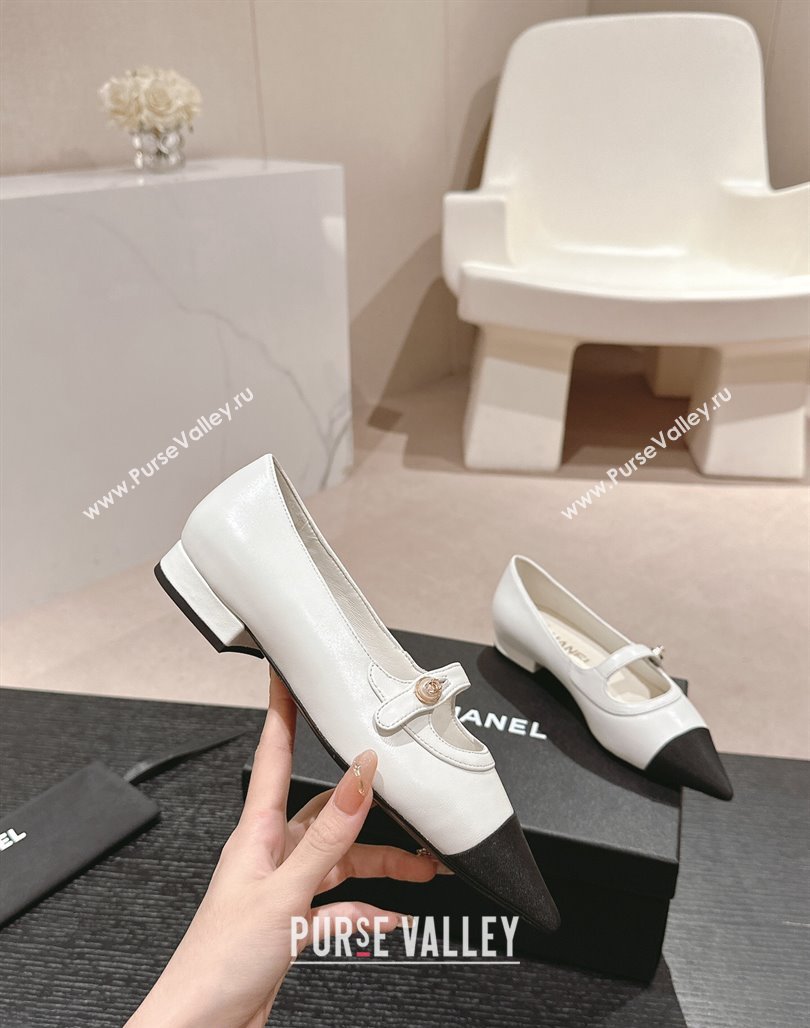 Chanel Calfskin Leather Pointed Mary Janes Ballet Flat White 2024 0701 (MD-240701126)