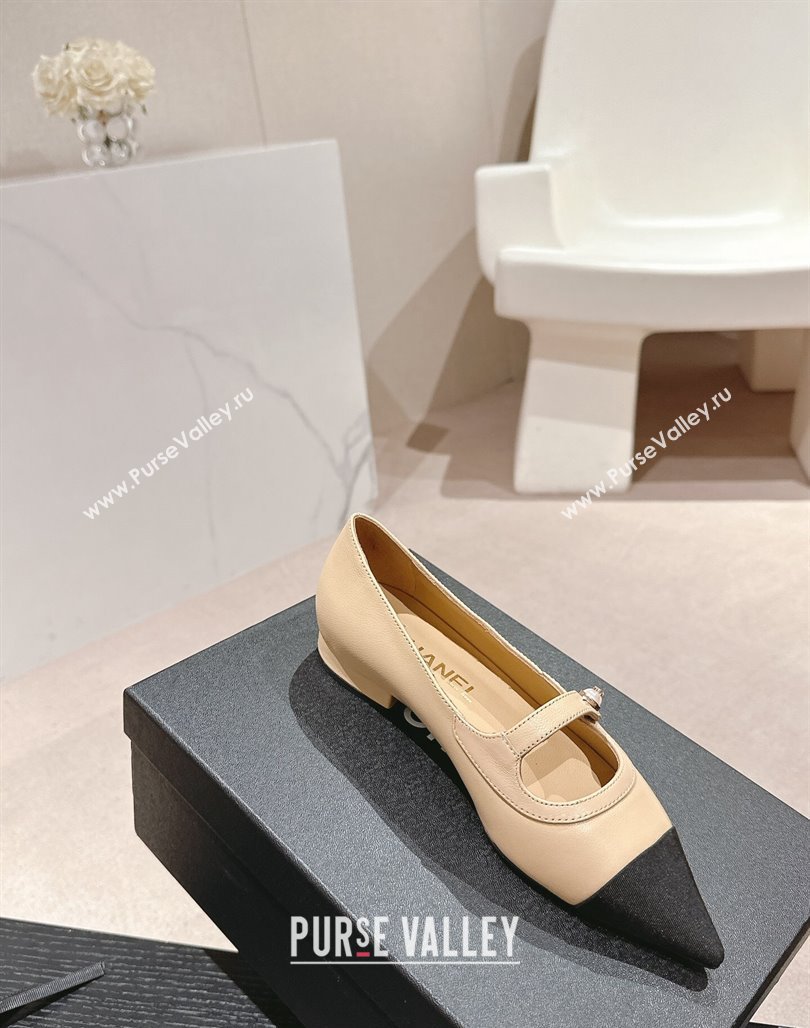 Chanel Calfskin Leather Pointed Mary Janes Ballet Flat Beige 2024 0701 (MD-240701127)