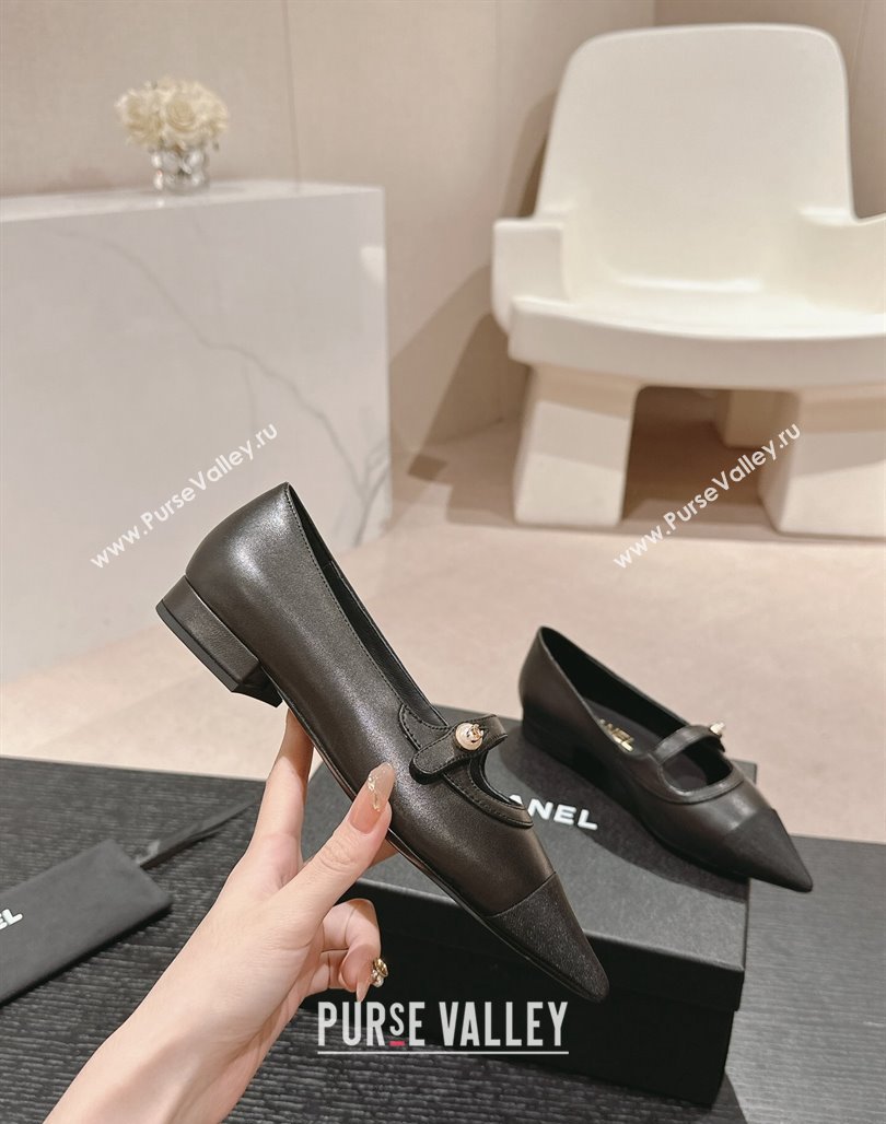 Chanel Calfskin Leather Pointed Mary Janes Ballet Flat Black 2024 0701 (MD-240701128)