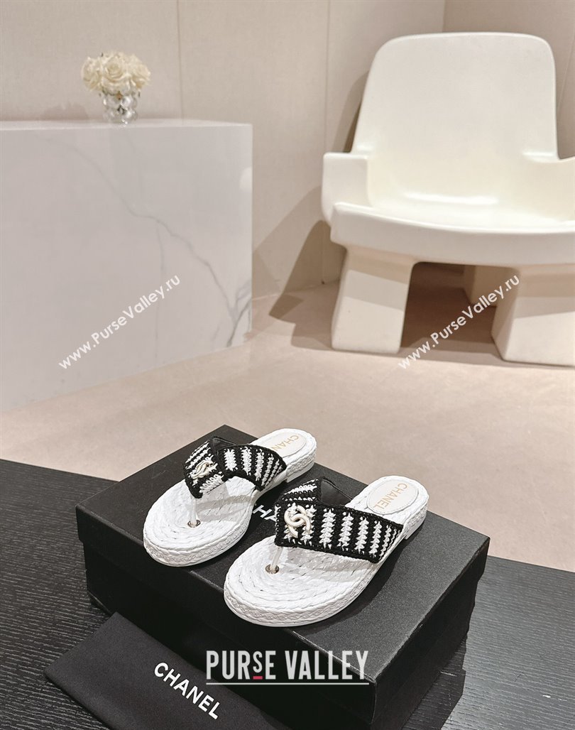 Chanel Knit Flat Thong Slides Sandal White/Black 2024 0701 (MD-240701129)