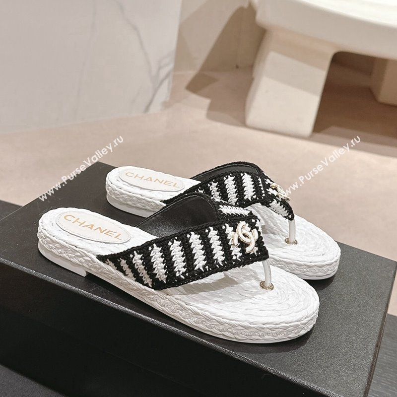 Chanel Knit Flat Thong Slides Sandal White/Black 2024 0701 (MD-240701129)