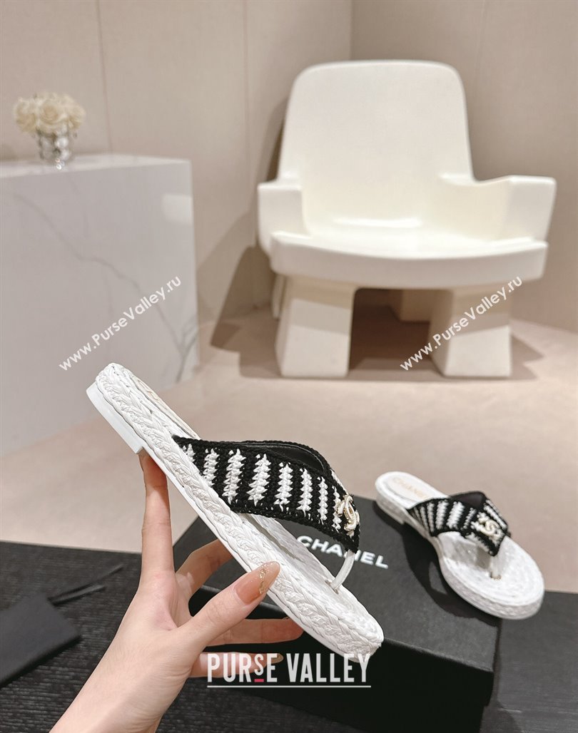 Chanel Knit Flat Thong Slides Sandal White/Black 2024 0701 (MD-240701129)