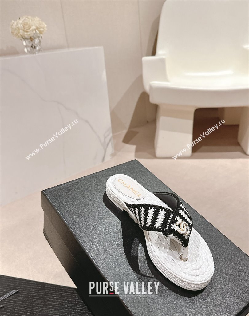 Chanel Knit Flat Thong Slides Sandal White/Black 2024 0701 (MD-240701129)