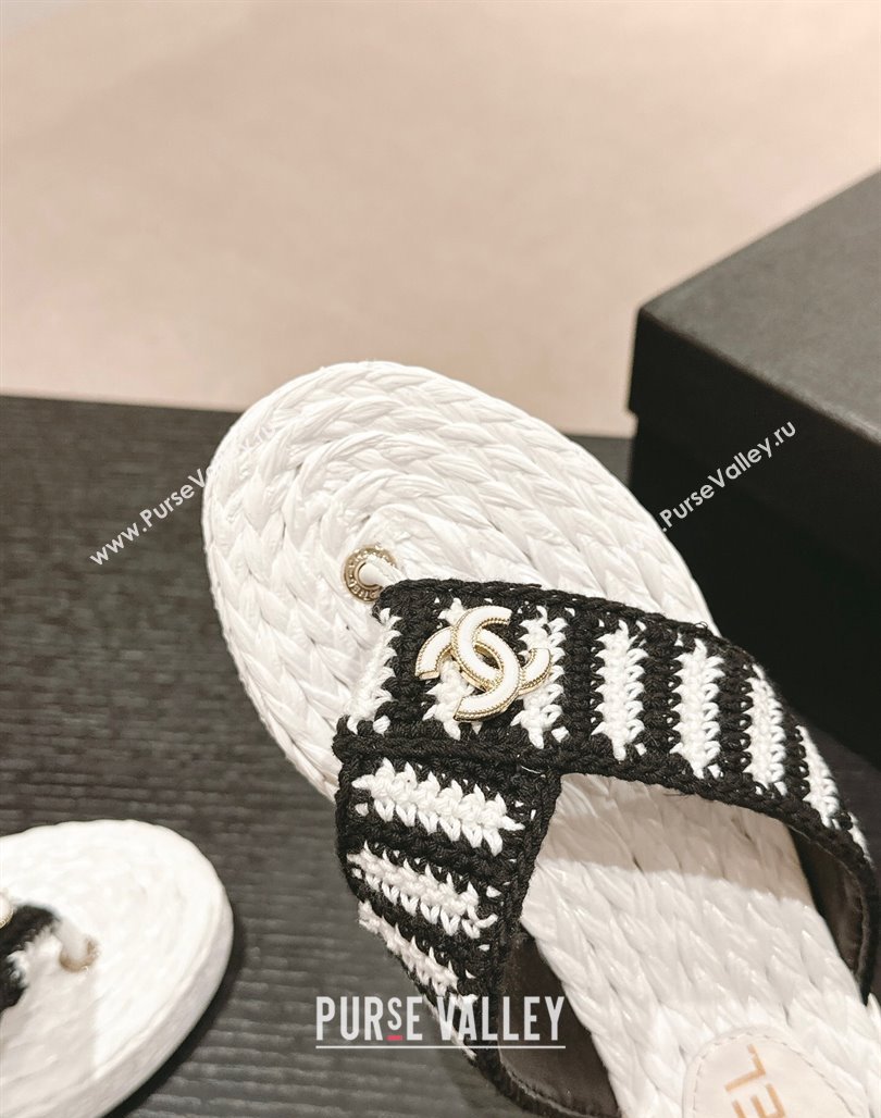 Chanel Knit Flat Thong Slides Sandal White/Black 2024 0701 (MD-240701129)