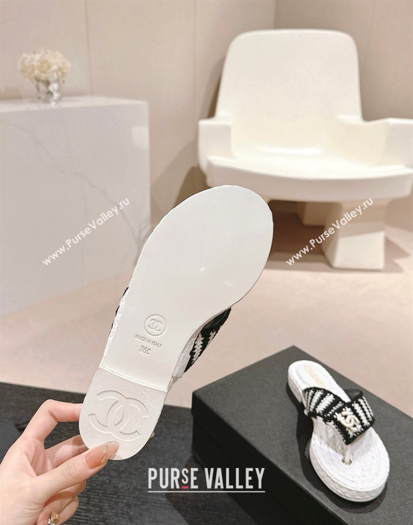 Chanel Knit Flat Thong Slides Sandal White/Black 2024 0701 (MD-240701129)