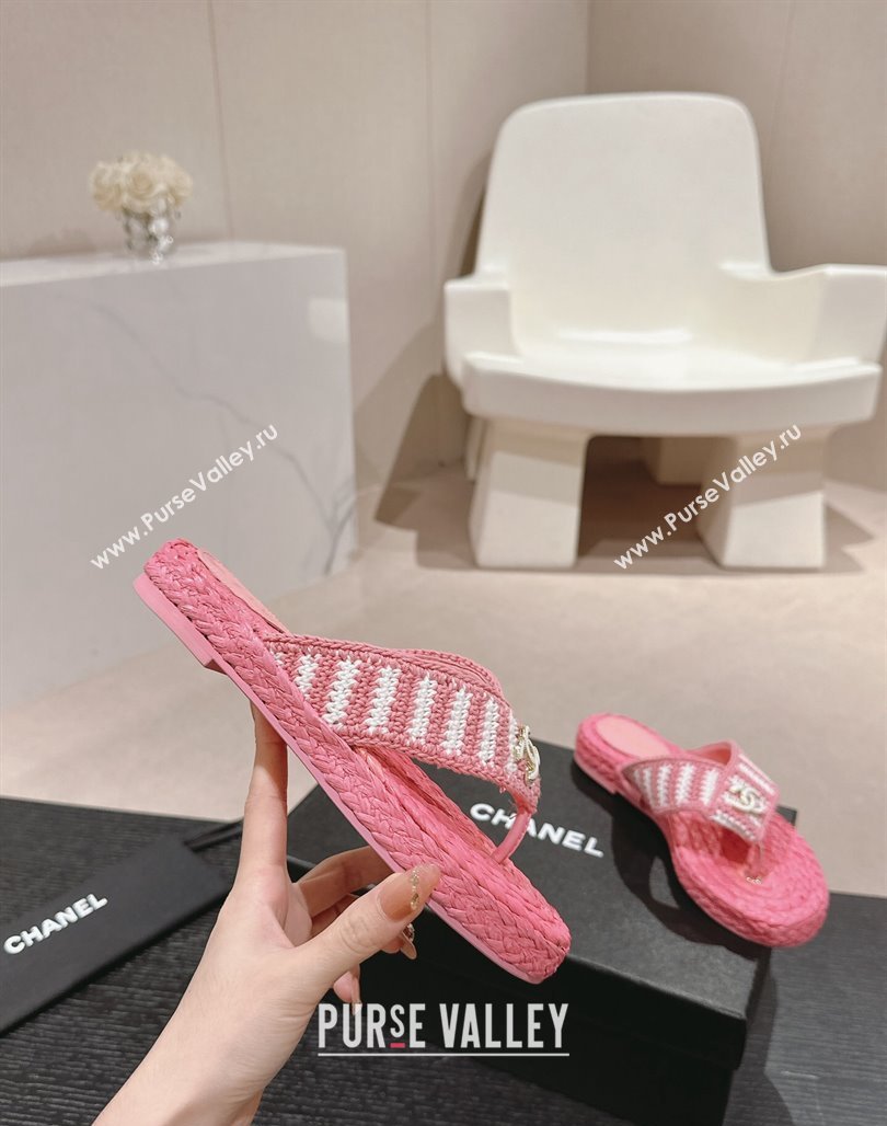 Chanel Knit Flat Thong Slides Sandal Pink/White 2 2024 0701 (MD-240701130)